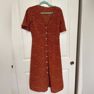 Blu Pepper burnt orange polka dot button up dress
